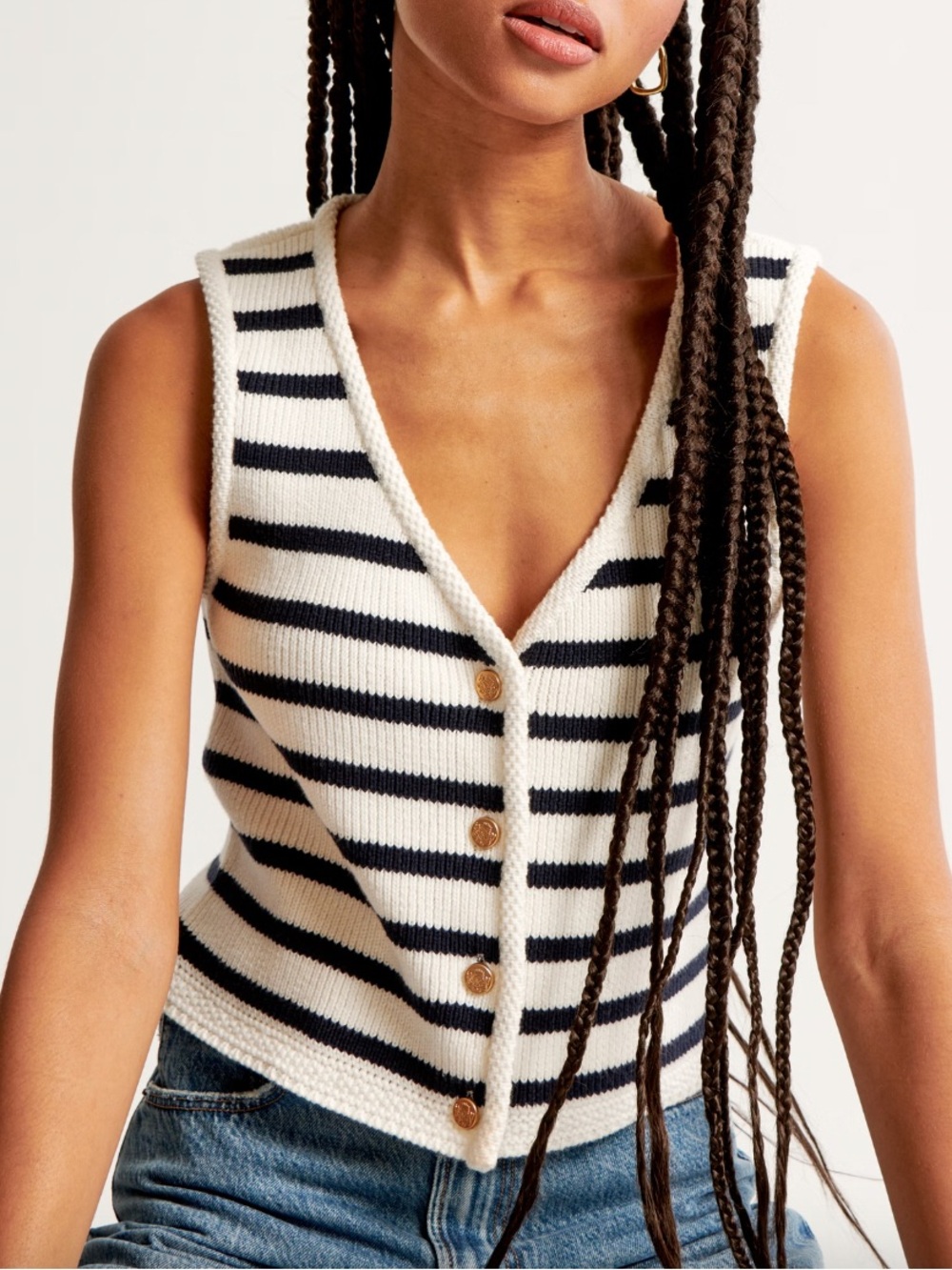 Abercrombie & Fitch Button-Up Sweater Vest, white, navy stripe, gold, size XL